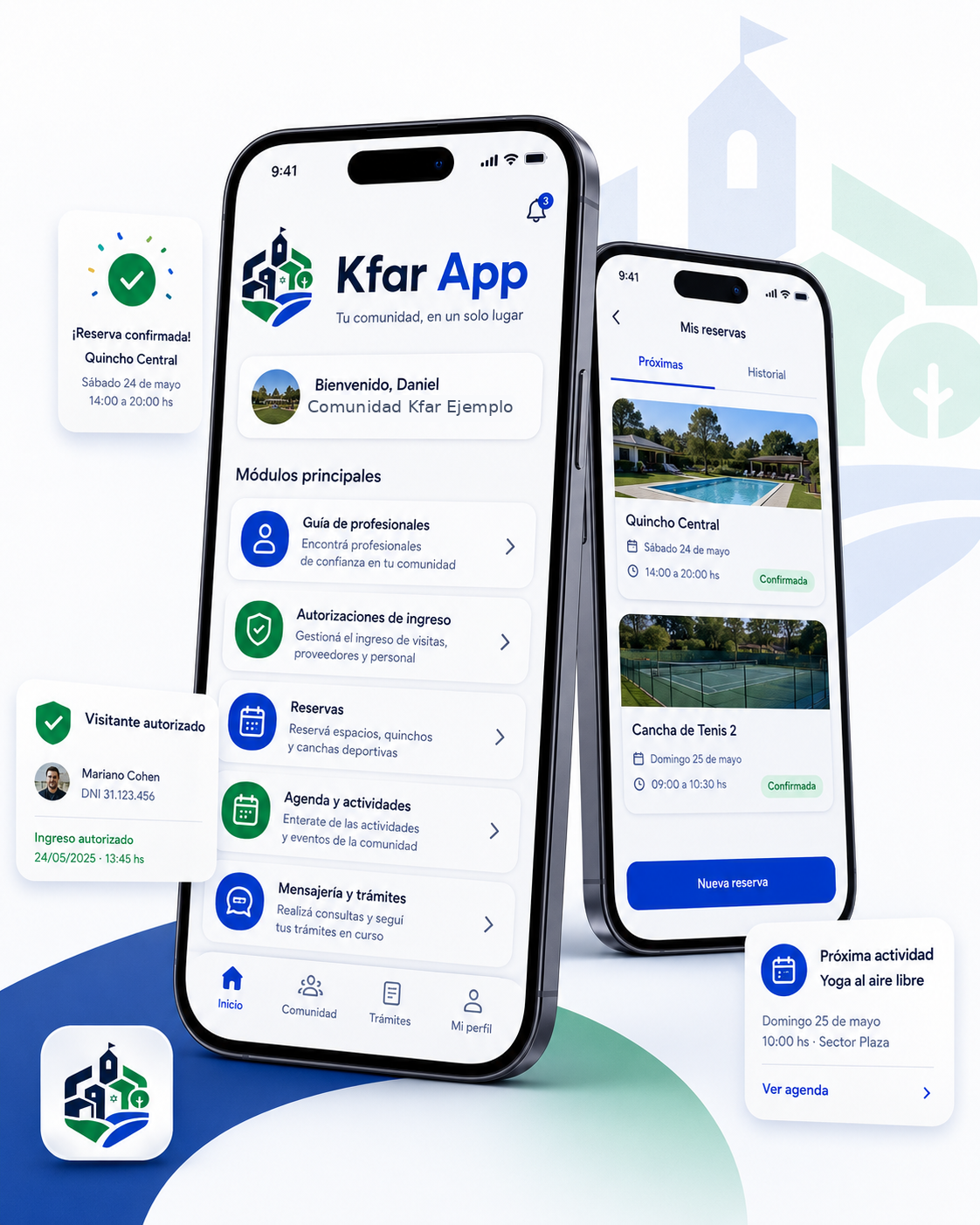 Pantallas de Kfar App con módulos, reservas, autorizaciones y actividades